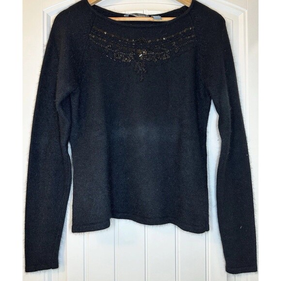 Hillard Hanson Sweaters - Hillard & Hanson Black Angora Wool Blend Knit Sweater Beaded Sequin Floral SZ L